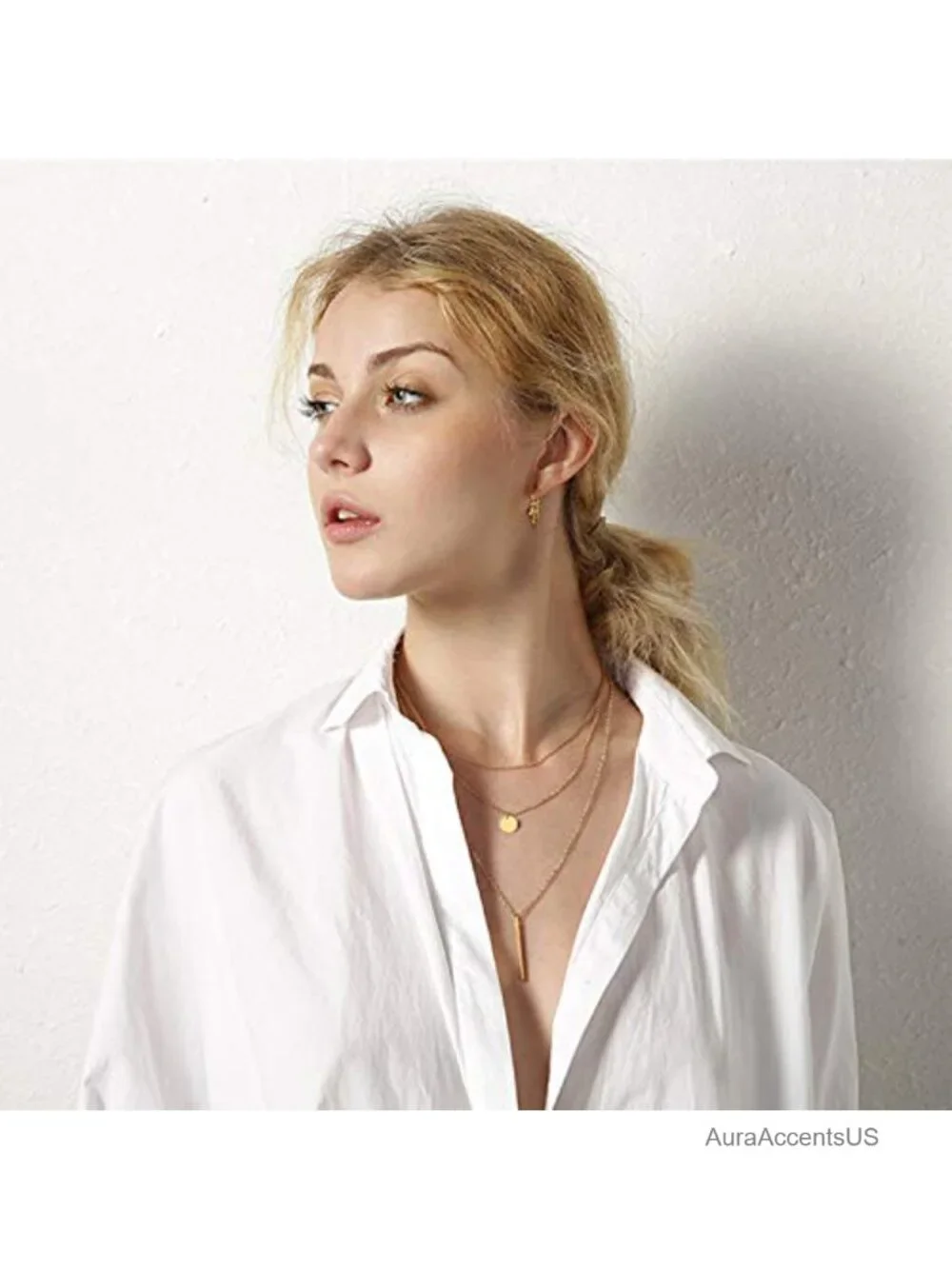 14K Gold Plated Layering Necklace with Bar and Chain Charms, Hypoallergenic